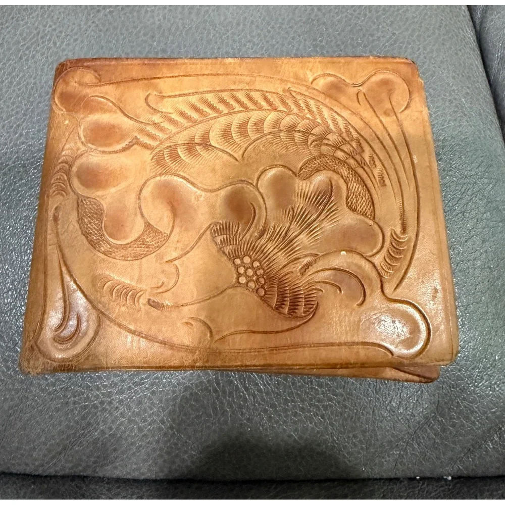 Vintage Cardat Hand Tooled Genuine Calf Leather Bifold Wallet Floral Tan‎ JAE
